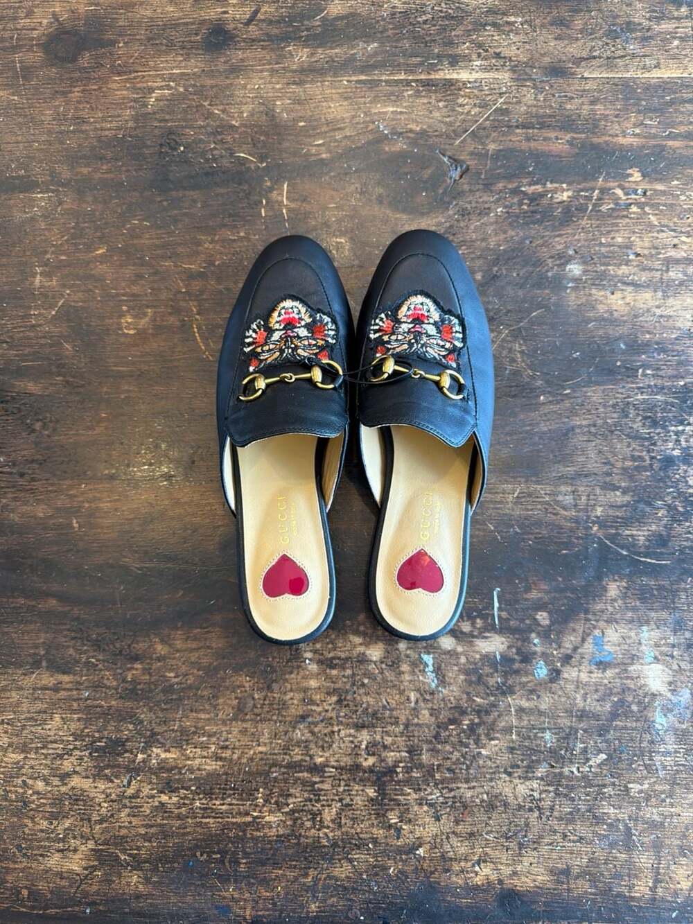 Gucci Princetown Black Leather Tiger Head Heart Horsebit Mules